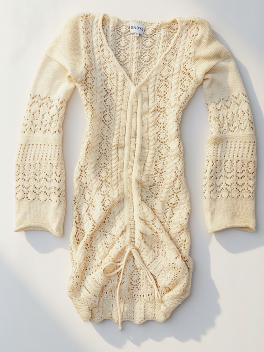 SNDYS Cream Crochet Knit Beach Cover-Up Dress | Size S | Coastal Ibiza Chic - Picture 2 of 5
